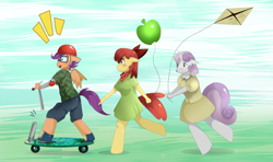 Size: 1028x608 | Tagged: safe, artist:traupa, imported from derpibooru, apple bloom, scootaloo, sweetie belle, anthro, earth pony, pegasus, unguligrade anthro, unicorn, apple bloom's bow, balloon, bow, clothes, cutie mark crusaders, dress, female, hair bow, helmet, kite, scooter, shorts, this will not end well