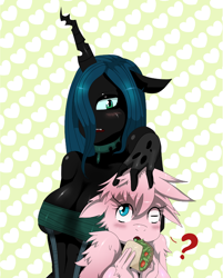 Size: 1896x2360 | Tagged: safe, artist:traupa, imported from derpibooru, queen chrysalis, oc, oc:fluffle puff, anthro, blushing, breasts, busty queen chrysalis, canon x oc, chrysipuff, cleavage, clothes, female, fingerless gloves, food, gloves, lesbian, shipping, taco