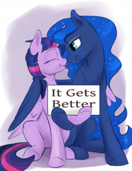 Size: 1280x1656 | Tagged: safe, artist:silfoe, imported from derpibooru, princess luna, twilight sparkle, alicorn, pony, :p, boop, cute, discussion in the comments, duo, eyes closed, female, grin, hug, inspirational, it gets better, lesbian, lidded eyes, mare, missing accessory, nose wrinkle, noseboop, nuzzling, positive message, positive ponies, shipping, sign, sitting, smiling, tongue out, twiabetes, twilight sparkle (alicorn), twiluna, winghug