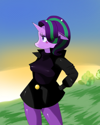 Size: 832x1040 | Tagged: safe, artist:traupa, imported from derpibooru, starlight glimmer, anthro, unicorn, blushing, breasts, busty starlight glimmer, clothes, female, floppy ears, lidded eyes, pantyhose, skirt, solo, sweater, turtleneck