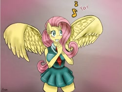 Size: 800x600 | Tagged: safe, artist:traupa, imported from derpibooru, fluttershy, anthro, clothes, female, skirt, solo, spread wings, vest