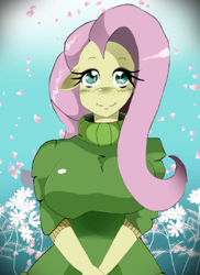 Size: 300x412 | Tagged: safe, artist:traupa, imported from derpibooru, fluttershy, anthro, abstract background, big breasts, breasts, busty fluttershy, clothes, complex background, female, solo, sweater, sweatershy, turtleneck