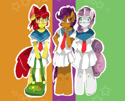 Size: 754x610 | Tagged: safe, artist:traupa, imported from derpibooru, apple bloom, scootaloo, sweetie belle, anthro, unguligrade anthro, clothes, cutie mark crusaders, necktie, school uniform, schoolgirl, skirt, skirtaloo