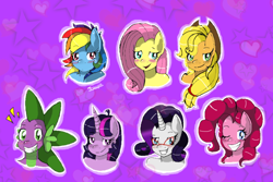 Size: 894x596 | Tagged: safe, artist:traupa, imported from derpibooru, applejack, fluttershy, pinkie pie, rainbow dash, rarity, spike, twilight sparkle, alicorn, anthro, blushing, glasses, hat, mane seven, mane six, smiling, twilight sparkle (alicorn)