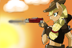 Size: 900x600 | Tagged: safe, artist:traupa, imported from derpibooru, applejack, anthro, clothes, female, fingerless gloves, gloves, gun, hat, midriff, solo, weapon