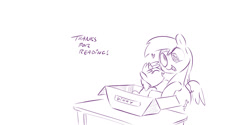 Size: 1280x640 | Tagged: safe, artist:dilarus, deleted from derpibooru, imported from derpibooru, derpy hooves, dinky hooves, pegasus, pony, comic:box of funk, meet-the-pones, box, equestria's best daughter, eyes closed, female, heart, mare, monochrome, open mouth, pony in a box, simple background, smiling, spread wings, table, white background