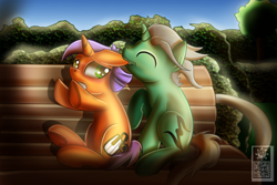 Size: 500x333 | Tagged: safe, artist:elmutanto, imported from derpibooru, oc, oc only, oc:cleft note, oc:emerald symphony, blushing, ear bite, foal, gay, kids, male, oc x oc, park, shipping