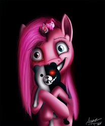 Size: 1000x1200 | Tagged: safe, artist:misiekpl, imported from derpibooru, pinkie pie, black background, danganronpa, female, hug, monokuma, pinkamena diane pie, plushie, red eye, signature, simple background, smiling, solo, toy