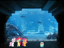 Size: 1600x1200 | Tagged: safe, artist:fyrekobra, imported from derpibooru, apple bloom, scootaloo, sweetie belle, apple, atlantis, cutie mark crusaders, food, irl, jam, photo, ponies in real life, underwater, water, zap apple, zap apple jam