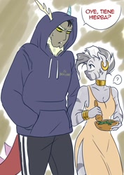Size: 1280x1811 | Tagged: artist needed, source needed, safe, artist:kyotox33jdi, imported from derpibooru, discord, zecora, anthro, zebra, clothes, dress, herb, hoodie, implied weed, looking at each other, pants, question mark, side slit, spanish, translated in the comments