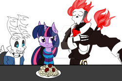 Size: 1024x683 | Tagged: safe, artist:fourze-pony, imported from derpibooru, twilight sparkle, oc, oc:skull kamen, oc:tyandaga, crossover, food, frisk, papyrus (undertale), pasta, sans (undertale), spaghetti, twilight friskle, undertale, watermark