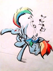 Size: 1884x2512 | Tagged: safe, artist:f1r3w0rks, imported from derpibooru, rainbow dash, dancing, female, headphones, music, sketch, solo, traditional art