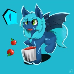 Size: 2048x2048 | Tagged: safe, artist:sao annual whale, imported from derpibooru, oc, oc only, bat pony, pony, apple, exclamation point, fangs, food, simple background, solo