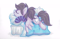Size: 5354x3480 | Tagged: safe, artist:dawnfire, imported from derpibooru, oc, oc only, oc:pillow case, pegasus, pony, bed, blanket, clothes, cozy, cute, female, hoodie, lying down, mare, marker drawing, ocbetes, pillow, ponies in earth, ponytail, prone, side view, simple background, sleeping, socks, solo, sploot, striped socks, traditional art, white background, wings