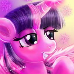 Size: 1417x1417 | Tagged: safe, artist:loveless-nights, imported from derpibooru, twilight sparkle, alicorn, pony, bust, female, lidded eyes, magic, portrait, raised hoof, solo, sparkles, twilight sparkle (alicorn)