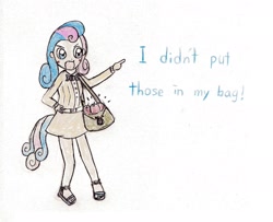 Size: 1952x1584 | Tagged: safe, anonymous artist, imported from derpibooru, bon bon, human, call of the cutie, apple, blushing, bon bon is not amused, clothes, dialogue, feet, female, food, humanized, i didn't put those in my bag, open mouth, pointing, sandals, scene interpretation, simple background, skirt, solo, tailed humanization, traditional art, unamused