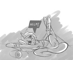 Size: 1280x1067 | Tagged: safe, artist:enryuuchan, imported from derpibooru, oc, oc only, oc:tied hooves, pony, unicorn, dialogue, grayscale, monochrome, on back, sketch, solo, tied up, yarn