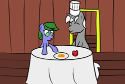 Size: 1200x800 | Tagged: safe, artist:saria the frost mage, imported from derpibooru, oc, oc only, oc:clover patch, oc:silverwind (a foal's adventure), earth pony, pony, unicorn, a foal's adventure, box of chocolates, breakfast, child, cyoa, drool, female, filly, foal, food, heart, heart shaped box, male, pirate, plate, stallion, story included, table