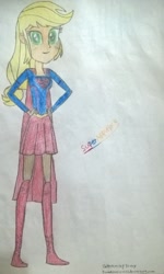 Size: 693x1153 | Tagged: safe, artist:toonalexsora007, imported from derpibooru, applejack, equestria girls, app-el, clothes, cosplay, costume, crossover, female, photo, skirt, solo, supergirl, traditional art