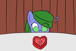 Size: 1200x800 | Tagged: safe, artist:saria the frost mage, imported from derpibooru, oc, oc only, earth pony, pony, a foal's adventure, box of chocolates, child, cyoa, female, filly, foal, heart, heart shaped box, question mark, solo, story included, table, text