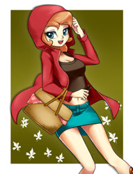 Size: 1020x1337 | Tagged: safe, artist:twilite-sparkleplz, imported from derpibooru, oc, oc only, oc:peachy cream, equestria girls, bag, belly button, boots, breasts, clothes, cute, denim skirt, equestria girls-ified, female, hood, legs, midriff, open mouth, skirt, solo