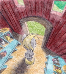 Size: 2420x2723 | Tagged: safe, artist:michiito, imported from derpibooru, part of a set, derpy hooves, chicken, pegasus, pony, may the best pet win, chicken coop, female, mare, pencil drawing, perspective, scene interpretation, sitting, solo, traditional art