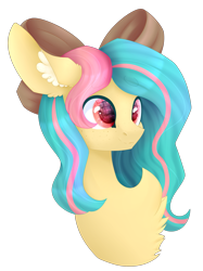 Size: 1681x2251 | Tagged: safe, artist:nillomika, imported from derpibooru, oc, oc only, oc:vanilla ganache, big ears, bow, bust, chest fluff, colored pupils, hair bow, huge ears, solo