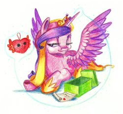 Size: 1695x1570 | Tagged: safe, artist:sentabry, imported from derpibooru, princess cadance, female, grin, magic, plushie, present, prone, simple background, smiling, solo, spread wings, telekinesis