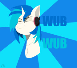 Size: 1800x1600 | Tagged: safe, artist:passigcamel, imported from derpibooru, dj pon-3, vinyl scratch, pony, bust, eyes closed, female, headphones, solo, sunburst background, wub