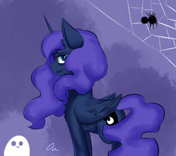 Size: 1800x1600 | Tagged: safe, artist:passigcamel, imported from derpibooru, princess luna, pony, spider, female, solo, spider web, spoopy