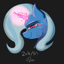 Size: 600x600 | Tagged: safe, artist:passigcamel, imported from derpibooru, trixie, pony, unicorn, corrupted, evil grin, female, grin, lidded eyes, looking at you, magic, simple background, slit eyes, slit pupils, smiling, solo