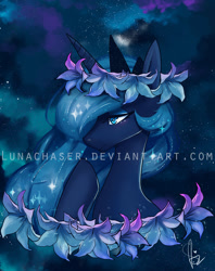 Size: 1000x1261 | Tagged: safe, artist:lunachaser, imported from derpibooru, princess luna, cloud, female, floral head wreath, flower, night, solo, stars, watermark