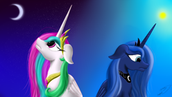 Size: 1920x1080 | Tagged: safe, artist:serghom, imported from derpibooru, princess celestia, princess luna, bust, crescent moon, day, floppy ears, frown, looking down, looking up, moon, night, royal sisters, sad, stars, sun