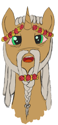 Size: 870x1858 | Tagged: safe, artist:qtluna, imported from derpibooru, oc, oc only, pony, unicorn, beard, bloodshot eyes, braid, braided beard, bust, dreadlocks, facial hair, flower, high, hippie, magnificent beard, old, open mouth, portrait, simple background, singing, solo, stoned, transparent background