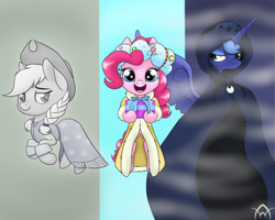 Size: 1024x819 | Tagged: safe, artist:arcuswind, imported from derpibooru, applejack, pinkie pie, princess luna, spirit of hearth's warming past, spirit of hearth's warming presents, spirit of hearth's warming yet to come, a hearth's warming tail, cloak, clothes, dress, present