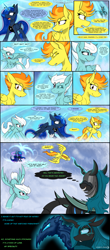 Size: 2460x5600 | Tagged: safe, artist:dangercloseart, imported from derpibooru, fleetfoot, princess luna, queen chrysalis, spitfire, alicorn, changeling, changeling queen, pegasus, pony, comic:wings of fire, comic, fangs, female, flying, fusion, mare, nightmare, nightmare chrysalis, nightmarified