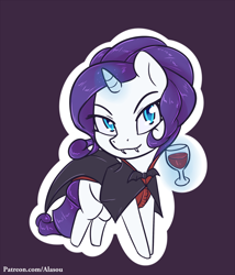 Size: 1050x1225 | Tagged: safe, artist:alasou, imported from derpibooru, rarity, pony, unicorn, vampire, alcohol, chibi, clothes, costume, cute, female, glass, looking at you, magic, raribetes, solo, wine, wine glass