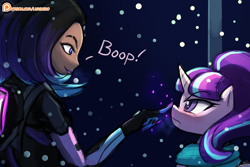 Size: 1125x750 | Tagged: safe, artist:lumineko, imported from derpibooru, starlight glimmer, human, pony, unicorn, angry, blushing, boop, clothes, crossover, cute, dialogue, duo, female, frown, glare, lipstick, mare, nose wrinkle, overwatch, patreon, patreon logo, scarf, signature, smiling, smirk, snow, snowfall, sombra (overwatch), that was fast, unamused