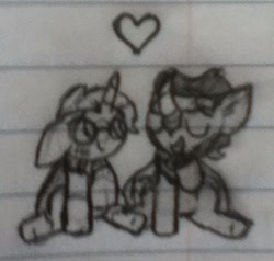 Size: 441x420 | Tagged: safe, artist:thefanficfanpony, imported from derpibooru, king sombra, sunburst, blushing, crack shipping, eyes closed, heart, lined paper, open mouth, shipping, sitting, sketch, smiling, somburst, traditional art