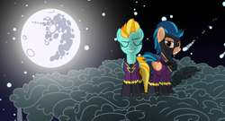 Size: 2664x1436 | Tagged: safe, artist:riq12138, imported from derpibooru, indigo zap, lightning dust, equestria girls, clothes, costume, crystal prep shadowbolts, equestria girls ponified, mare in the moon, moon, nightmare night, ponified, shadowbolts, shadowbolts costume, wallpaper