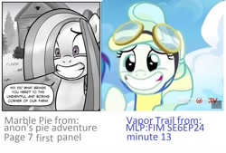 Size: 1334x902 | Tagged: safe, artist:pencils, edit, imported from derpibooru, screencap, marble pie, rainbow dash, vapor trail, earth pony, pony, top bolt, comparison, female, mare, smiling