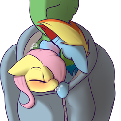 Size: 1200x1200 | Tagged: safe, artist:captainpudgemuffin, imported from derpibooru, fluttershy, rainbow dash, oc, oc:anon, human, pony, /mlp/, blushing, bust, captainpudgemuffin is trying to murder us, clothes, cuddling, cute, dashabetes, drawthread, eyes closed, female, floppy ears, fluffy, hoodie, male, shared clothing, shyabetes, simple background, sleeping, snuggling, white background