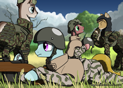 Size: 2450x1750 | Tagged: safe, artist:asktheguardponies, artist:guard-mod, imported from derpibooru, oc, oc only, deer, pony, accessory swap, body armor, clothes, gun, helmet, military, military uniform, rifle, scrunchy face, uniform, weapon