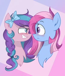 Size: 520x600 | Tagged: source needed, safe, artist:latte.dreams, imported from derpibooru, flitterheart, star swirl, pony, bedroom eyes, blushing, bow, female, flitterswirl, hair bow, lesbian, looking at each other, mare, shipping, smiling