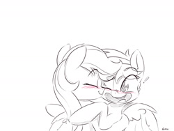 Size: 1280x960 | Tagged: safe, artist:dilarus, deleted from derpibooru, imported from derpibooru, firefly, rainbow dash, pegasus, pony, comic:dash academy, blushing, cheek kiss, dashfly, exclamation point, eyes closed, female, g1, heart, kiss on the cheek, kissing, lesbian, mare, nuzzling, one eye closed, open mouth, partial color, shipping