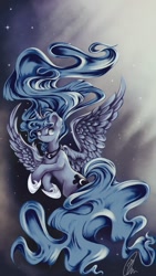 Size: 720x1280 | Tagged: safe, artist:llaurm34, imported from derpibooru, princess luna, alicorn, female, large mane, night, solo, spread wings, stars