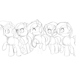 Size: 2000x1666 | Tagged: safe, artist:vanillaghosties, imported from derpibooru, apple bloom, babs seed, diamond tiara, scootaloo, sweetie belle, earth pony, pony, unicorn, cutie mark crusaders, female, filly, grayscale, grin, jumping, looking back, missing accessory, monochrome, raised hoof, sketch, smiling, standing, talking