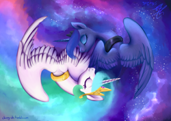 Size: 1024x724 | Tagged: safe, artist:chirpy-chi, imported from derpibooru, princess celestia, princess luna, pony, duo, eyes closed, long mane, royal sisters, smiling, spread wings, yin-yang