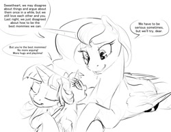 Size: 1320x1020 | Tagged: safe, artist:silfoe, imported from derpibooru, princess luna, twilight sparkle, oc, oc:eventide glisten, alicorn, pony, other royal book, alicorn oc, black and white, cute, dialogue, female, grayscale, heartwarming, hug, lesbian, magical lesbian spawn, mare, monochrome, offspring, parent:princess luna, parent:twilight sparkle, parents:twiluna, shipping, silfoe is trying to murder us, simple background, speech bubble, twilight sparkle (alicorn), twiluna, white background