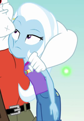 Size: 286x408 | Tagged: safe, imported from derpibooru, screencap, bulk biceps, trixie, equestria girls, legend of everfree, cropped, duo, faic, hug, trixie is not amused, unamused